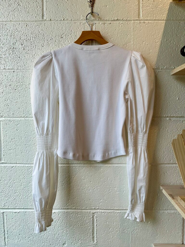 Veronica Beard Rib Knit/Poplin Puff Sleeve Top