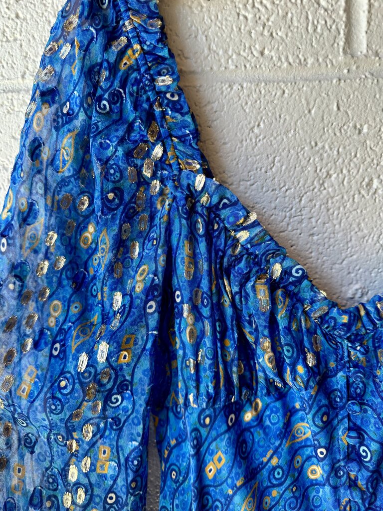 Rixo Londo Silk Blend 'Miriam' Blue and Gold Dress