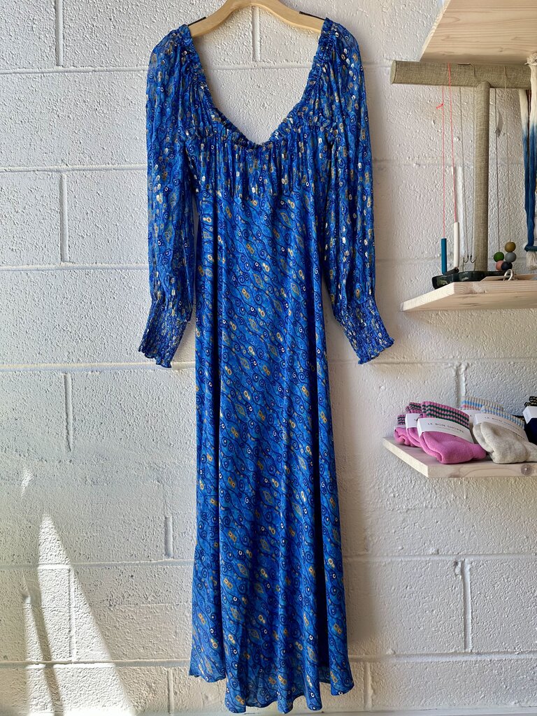 Rixo Londo Silk Blend 'Miriam' Blue and Gold Dress