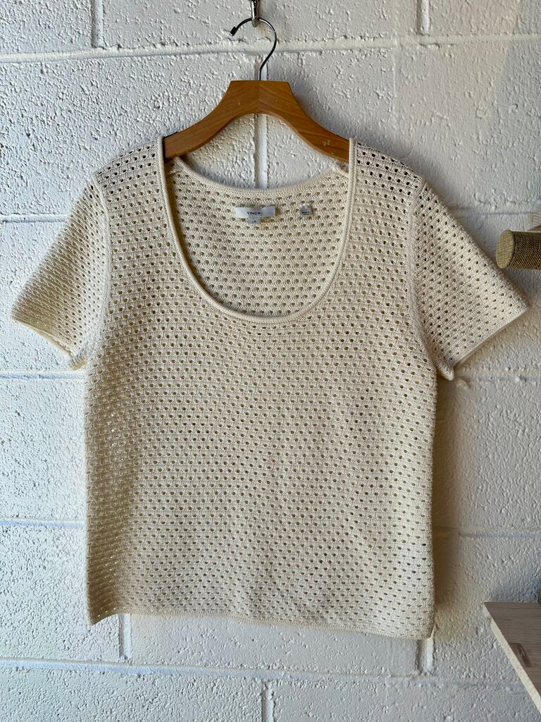 Vince Cotton Mesh Stitch Short Sleeve Top