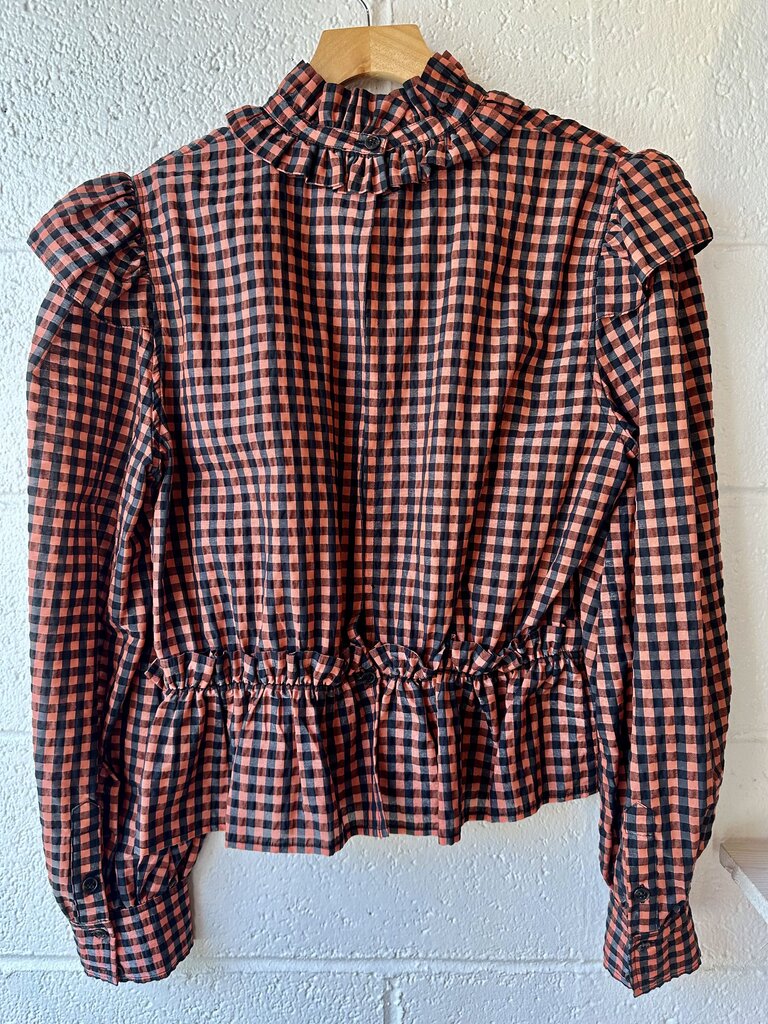 GANNI Open Back High Neck Long Sleeve Plaid Top