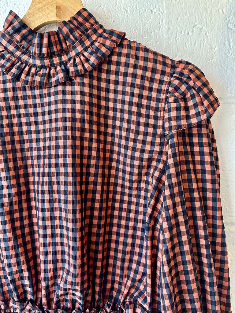 GANNI Open Back High Neck Long Sleeve Plaid Top