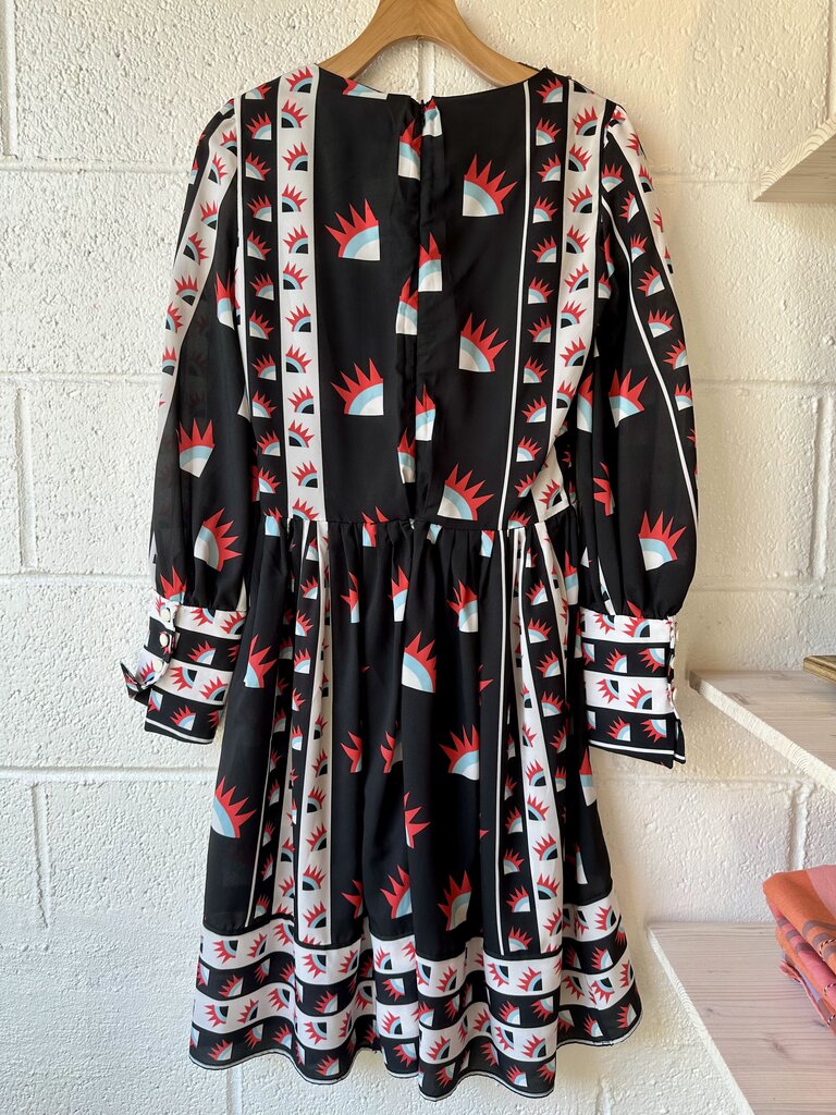 One Imaginary Gril Geometric Print Collared Long Sleeve Dress