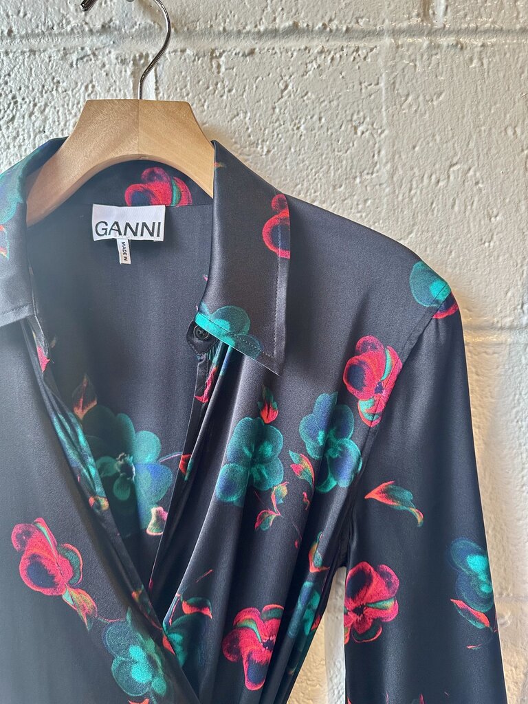 Ganni Silk long sleeve wrap floral print dress