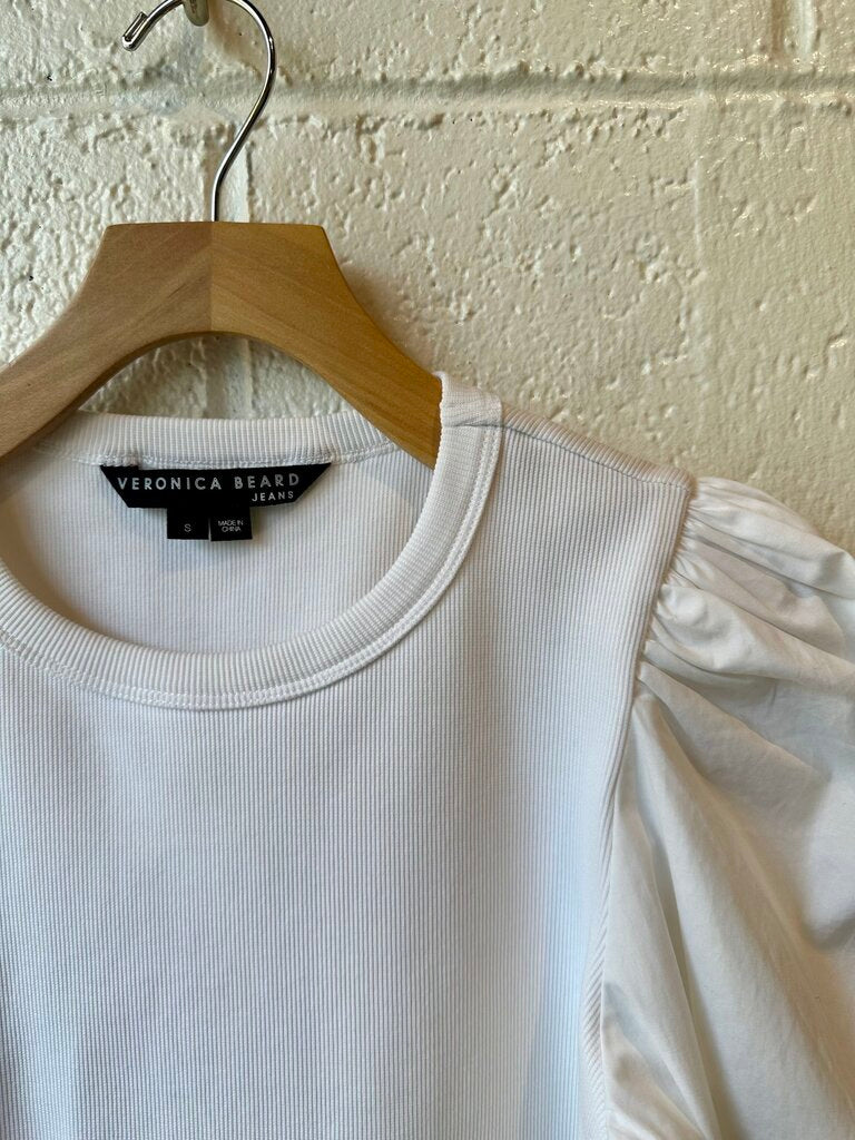 Veronica Beard Rib Knit/Poplin Puff Sleeve Top