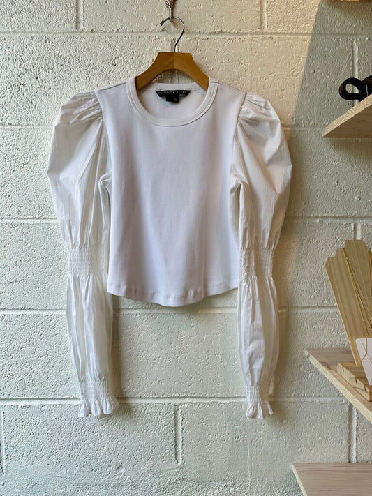 Veronica Beard Rib Knit/Poplin Puff Sleeve Top