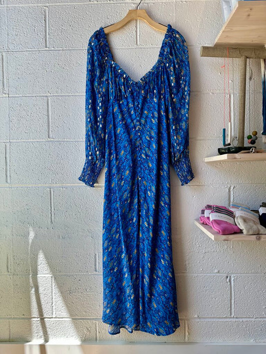 Rixo Londo Silk Blend 'Miriam' Blue and Gold Dress