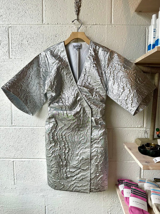 GANNI Silver Mini Wrap Dress