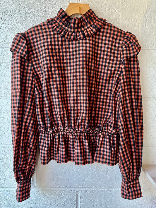 GANNI Open Back High Neck Long Sleeve Plaid Top