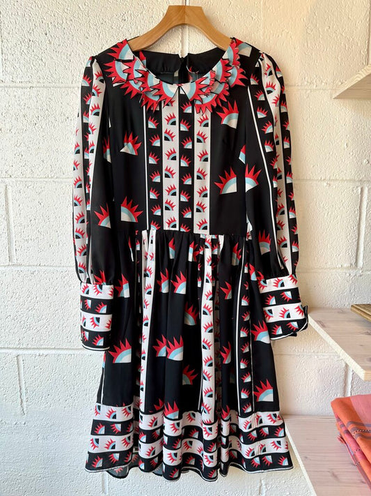 One Imaginary Gril Geometric Print Collared Long Sleeve Dress