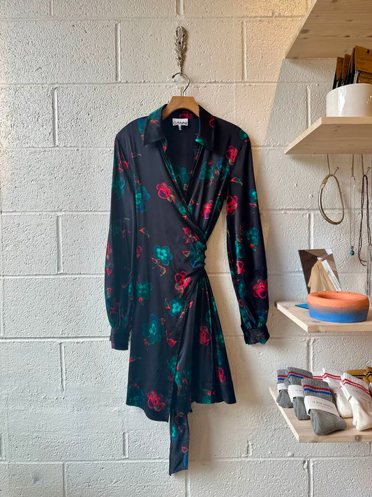 Ganni Silk long sleeve wrap floral print dress