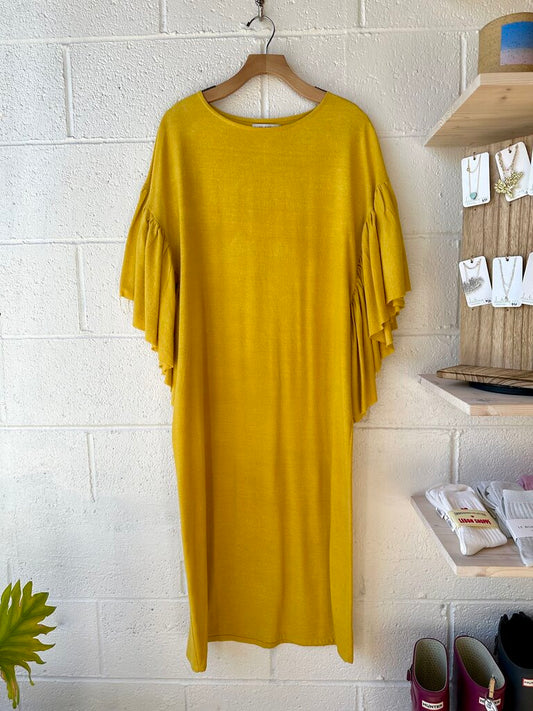 ruffle sleeve midi dress