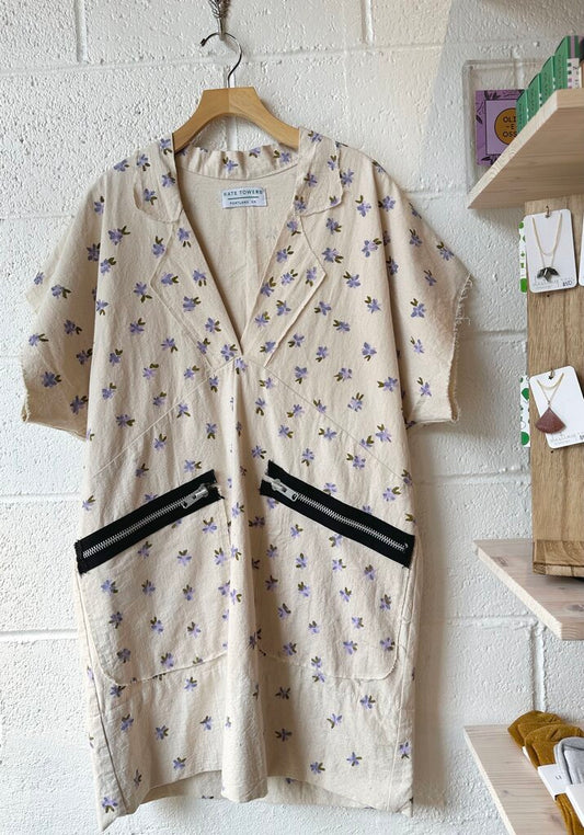 Kate Towers purple flowers and black zippers dress
