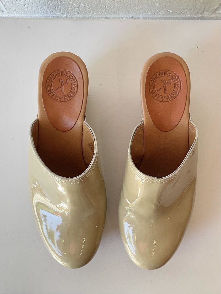 Penelope Chilvers patent leather wooden wedge clogs