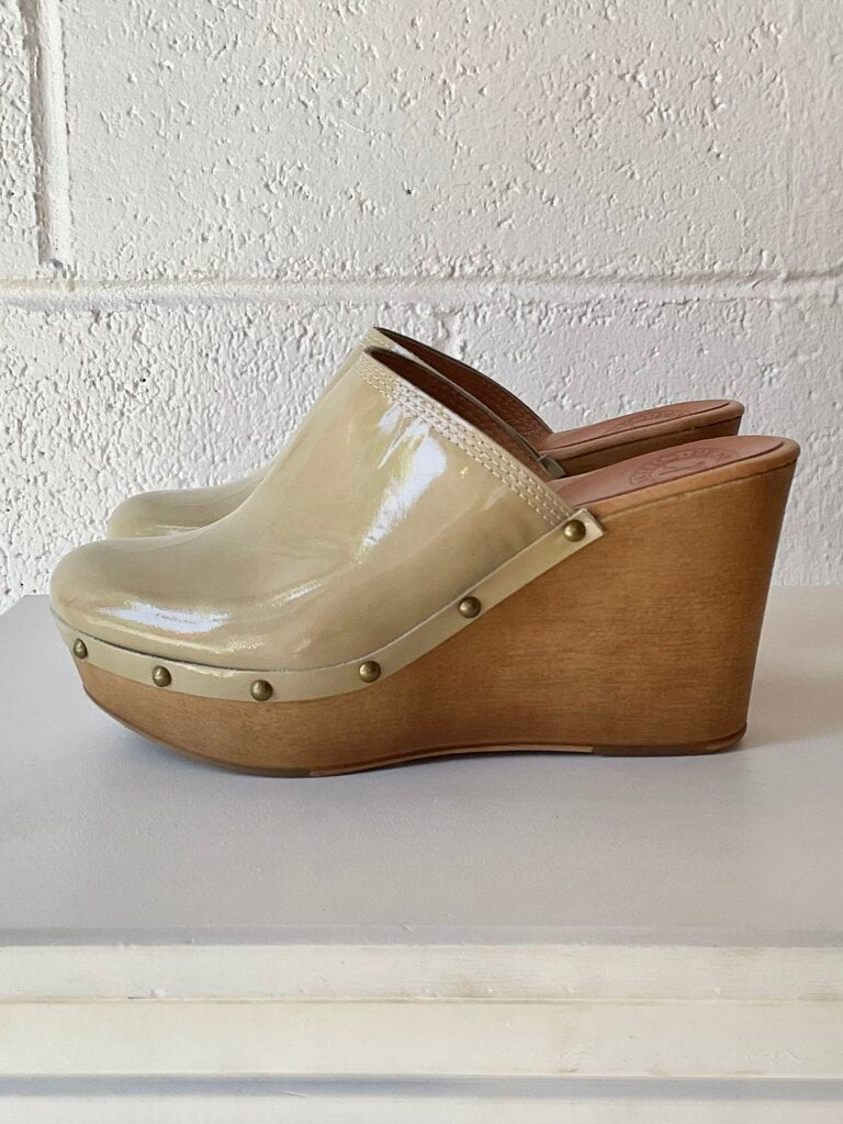 Penelope Chilvers patent leather wooden wedge clogs
