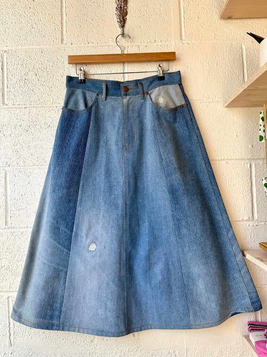B Sides Patchwork Denim Midi Skirt