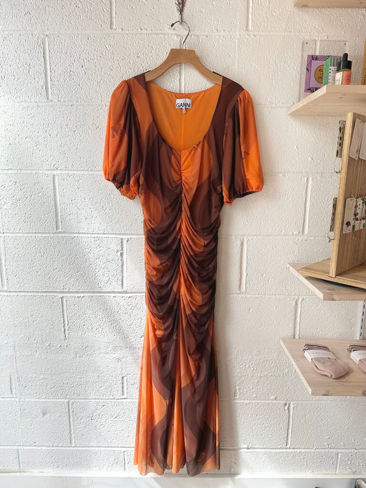 GANNI puff sleeve printed mesh midi dress
