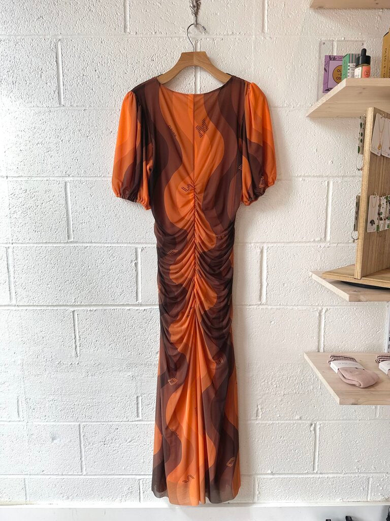 GANNI puff sleeve printed mesh midi dress