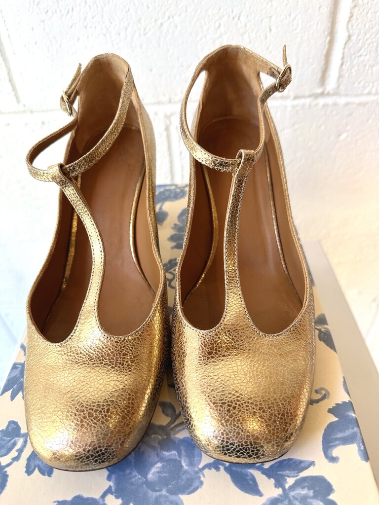 Sezane 'Marcie' metallic leather T strap pumps (as is = wear)