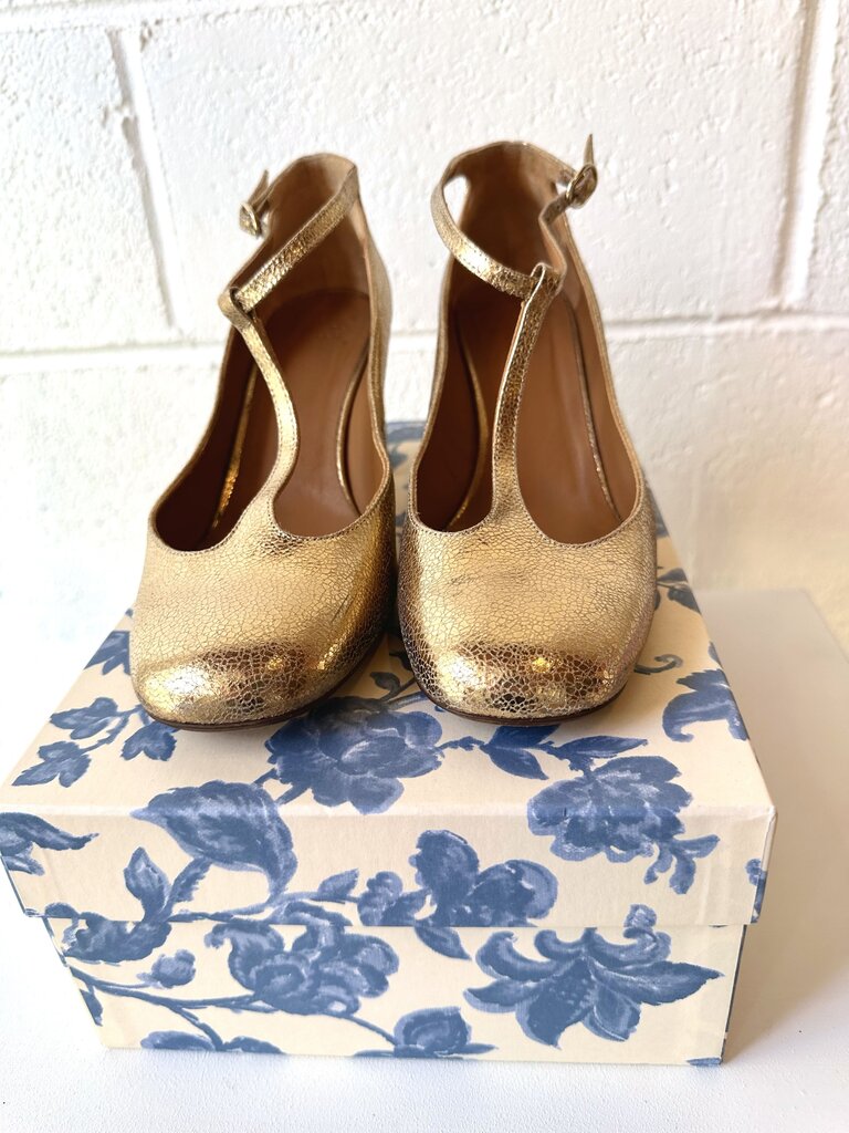 Sezane 'Marcie' metallic leather T strap pumps (as is = wear)