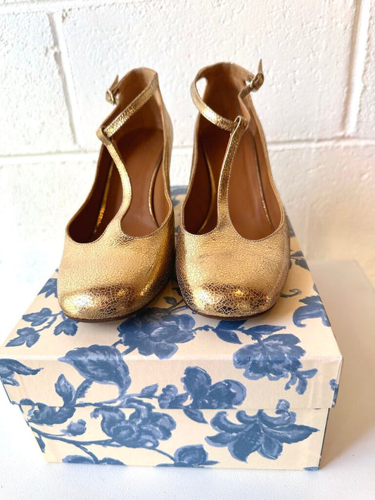 Sezane 'Marcie' metallic leather T strap pumps (as is = wear)