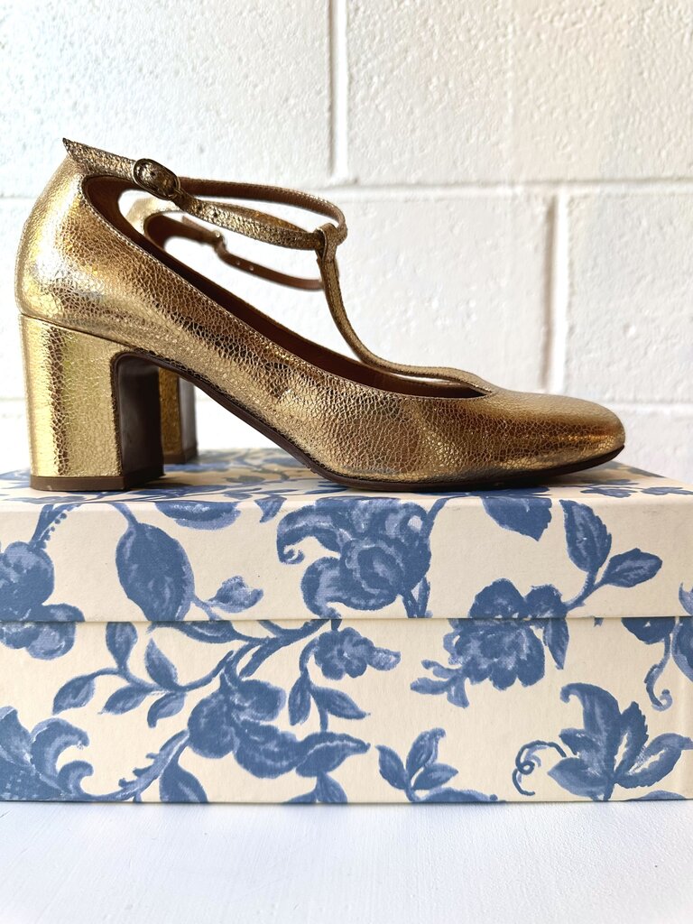 Sezane 'Marcie' metallic leather T strap pumps (as is = wear)