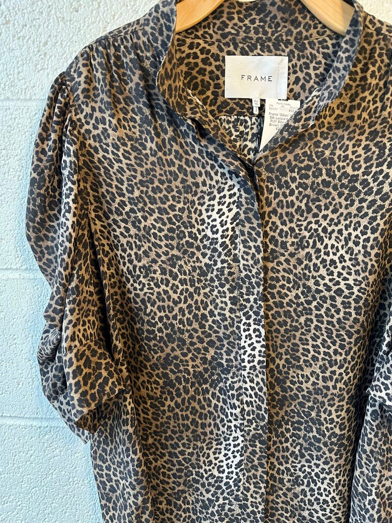 Frame 'Gillian' 100% Silk Leopard Print Puff Sleeve Top