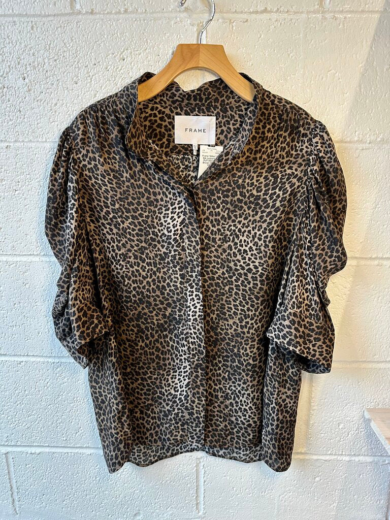 Frame 'Gillian' 100% Silk Leopard Print Puff Sleeve Top
