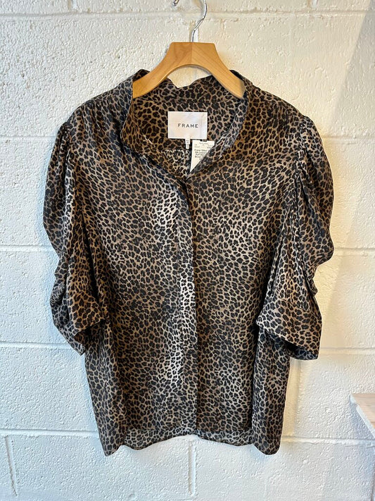 Frame 'Gillian' 100% Silk Leopard Print Puff Sleeve Top
