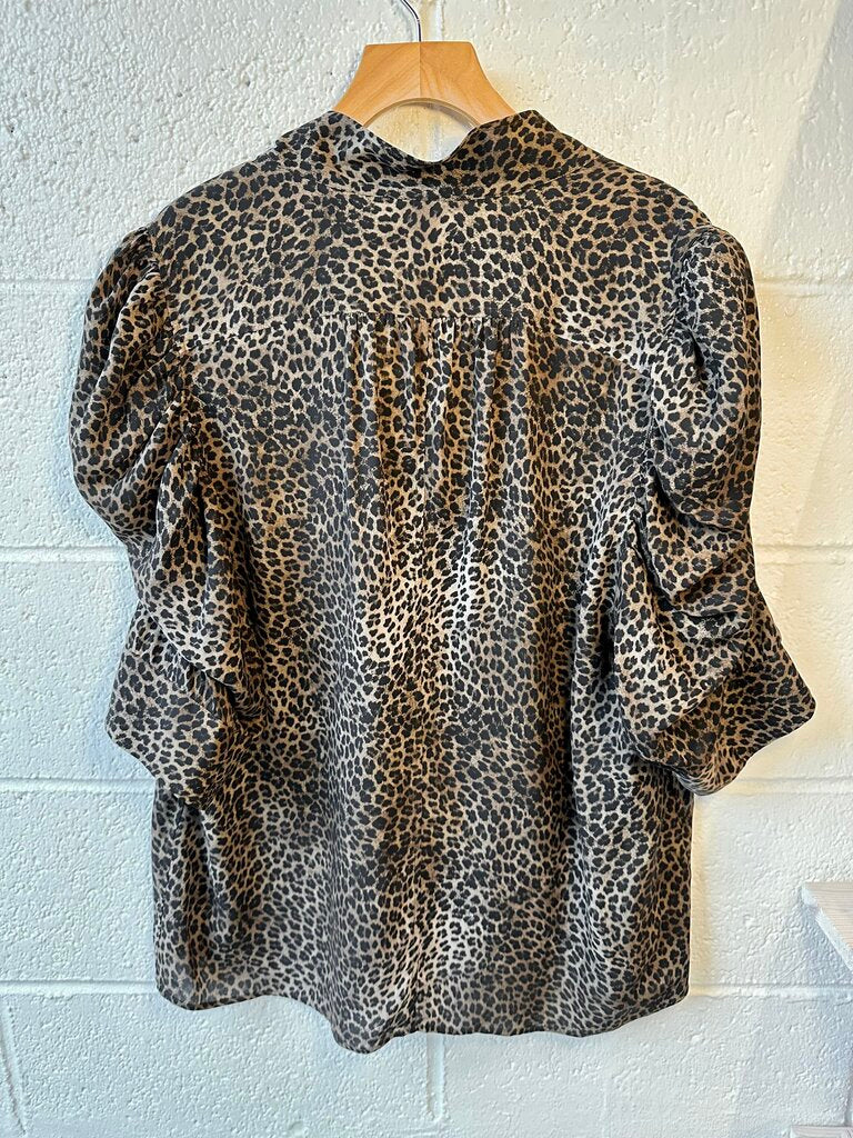 Frame 'Gillian' 100% Silk Leopard Print Puff Sleeve Top