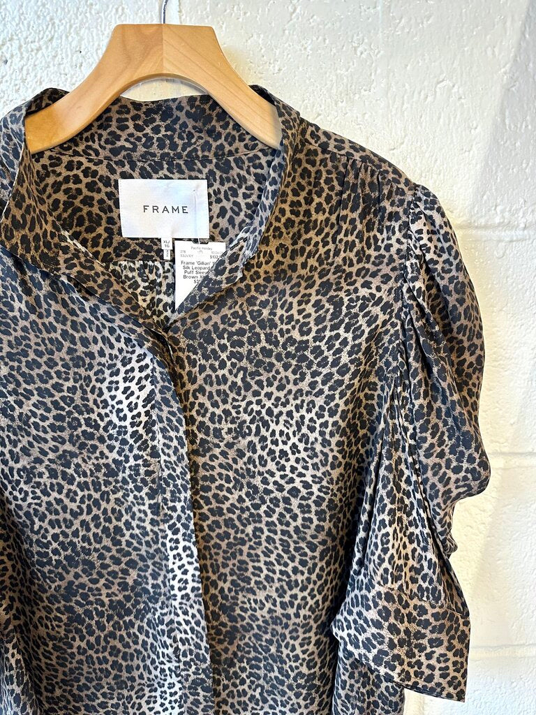 Frame 'Gillian' 100% Silk Leopard Print Puff Sleeve Top